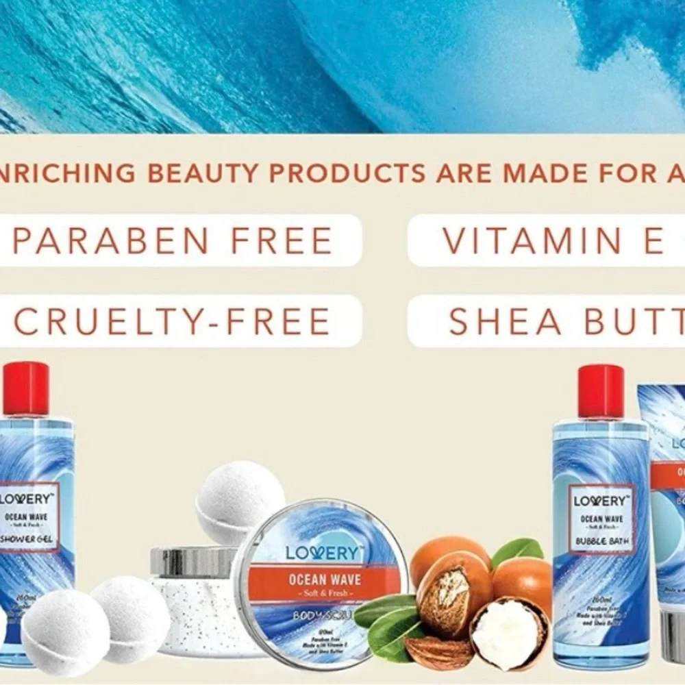 Lovery Ocean Wave Bath & Body Gift Set with bag & bow & gift tag.
